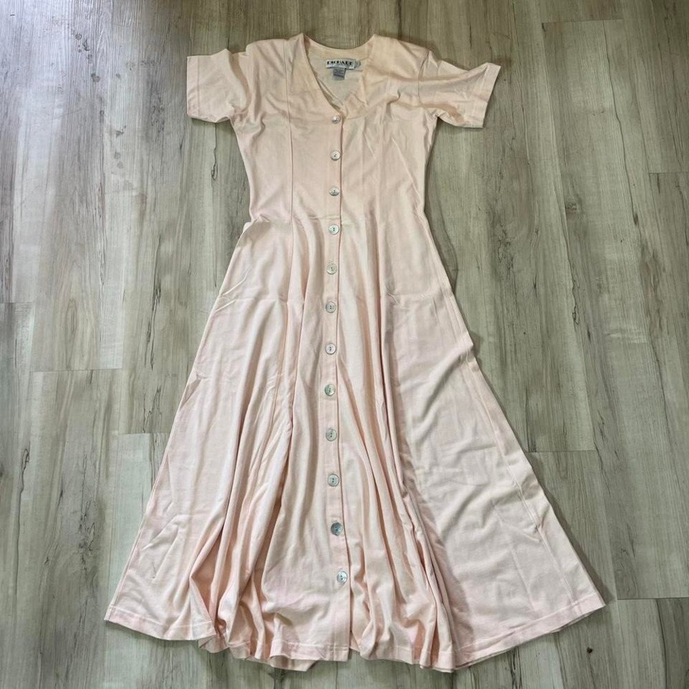 Vintage 1980s midi dress with button up front, light punk/peach